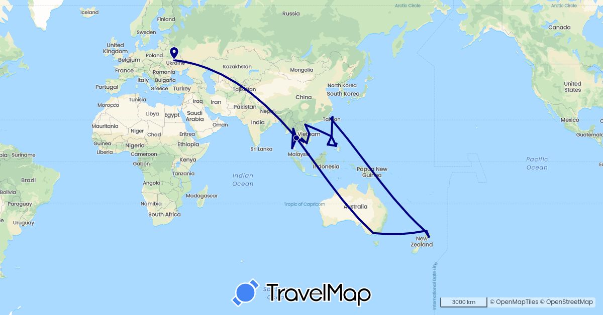 TravelMap itinerary: driving in Australia, Cambodia, New Zealand, Philippines, Thailand, Taiwan, Ukraine, Vietnam (Asia, Europe, Oceania)